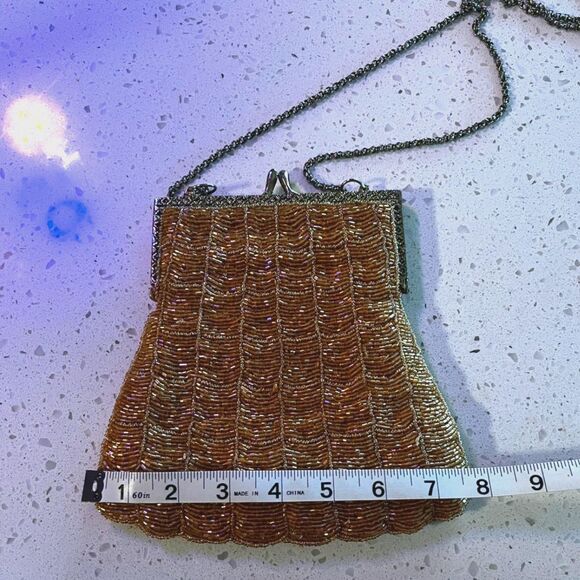 Vintage Beaded Evening Bag Gold Bronze Glass Beads Chain Strap - Picture 8 of 8